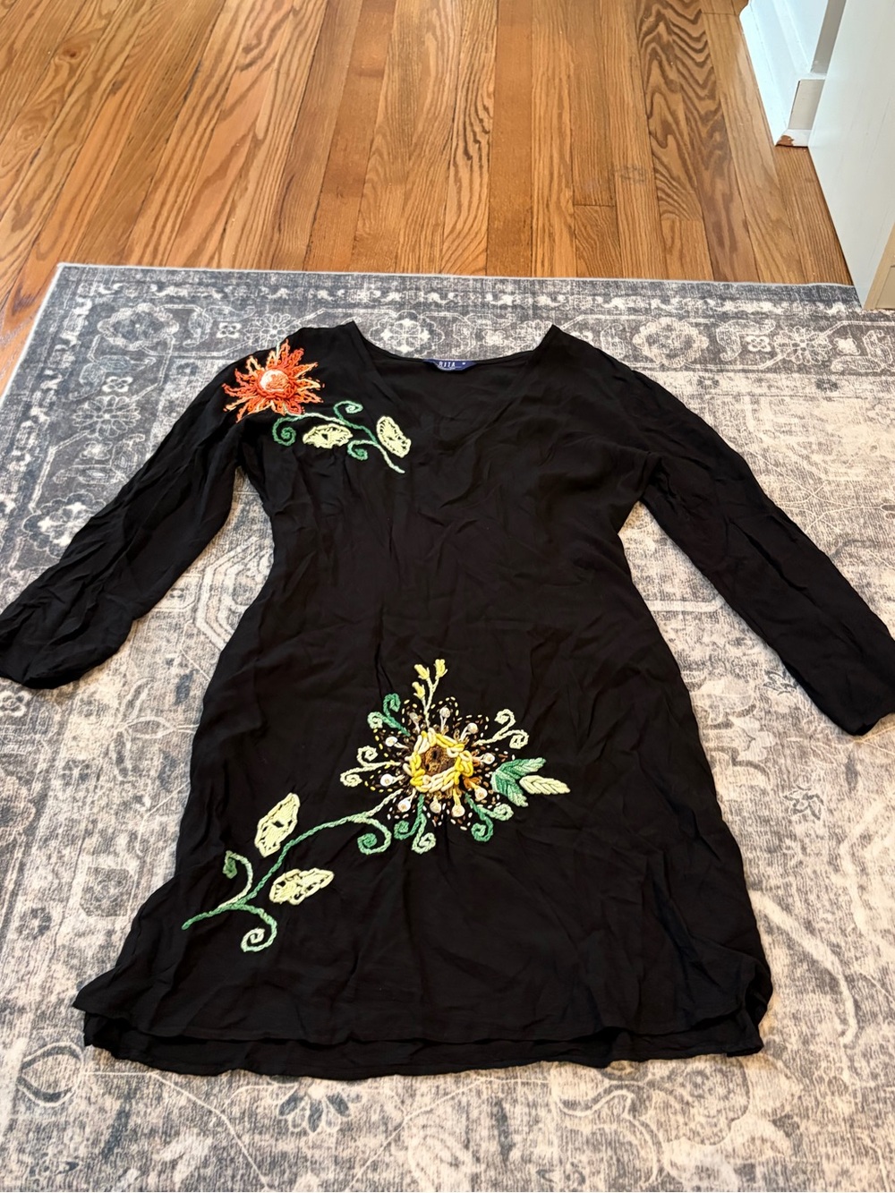 Black Embroidered V-Neck Midi Dress with Floral Accents